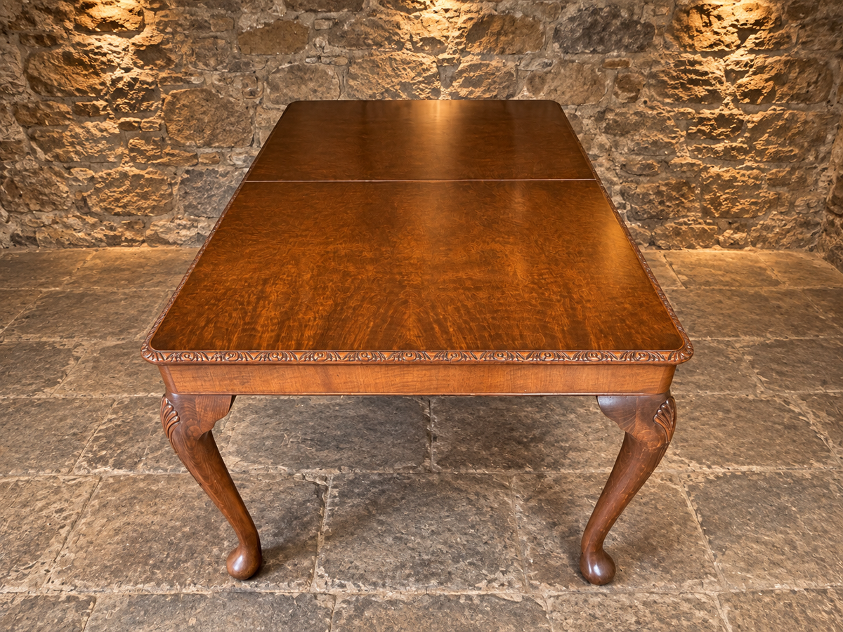 Antique Burr Walnut Queen Anne Revival Extending Dining Table – c.1930