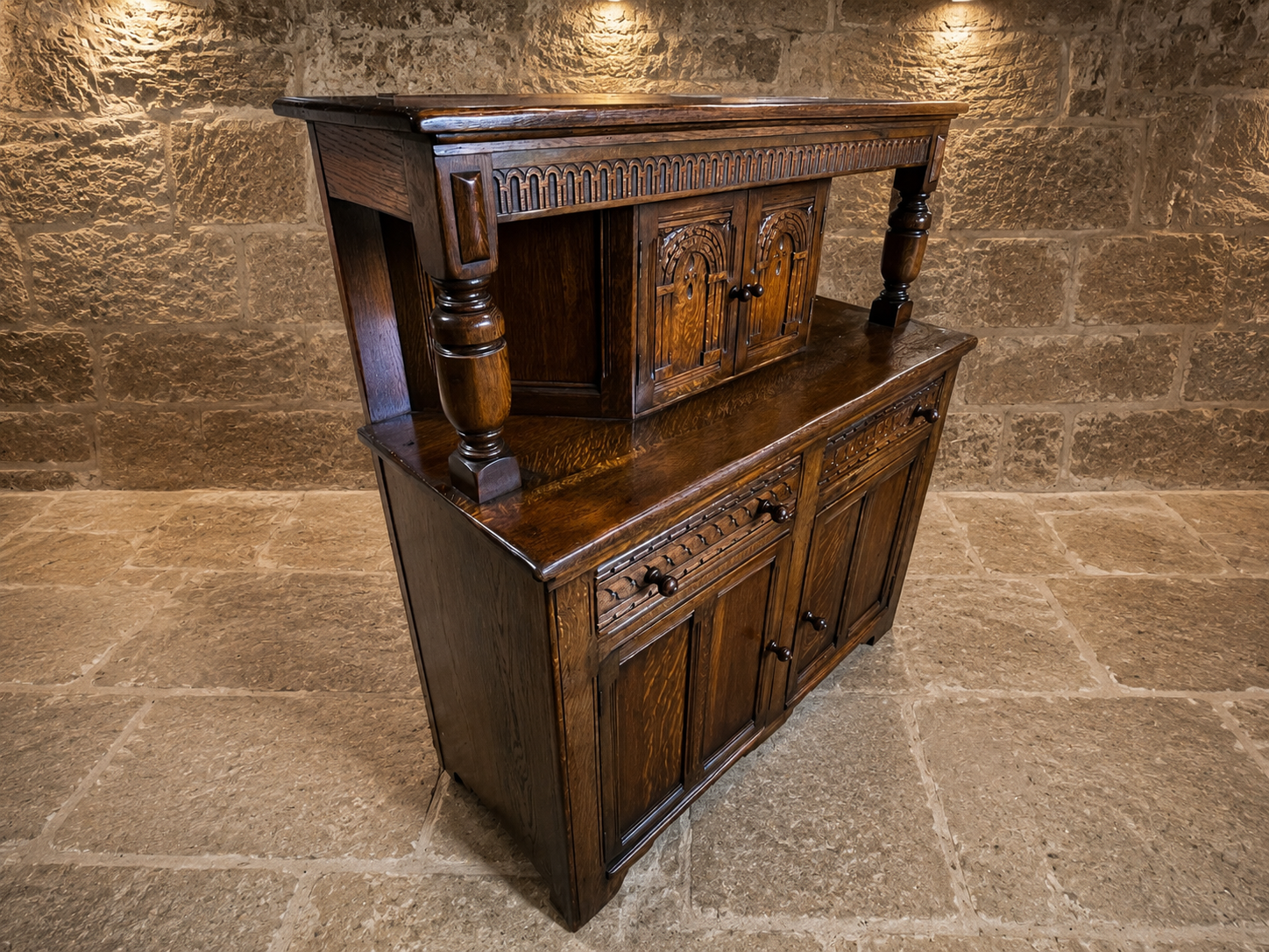 Vintage Carved Oak Jacobean Revival Dresser Base with Raised Back