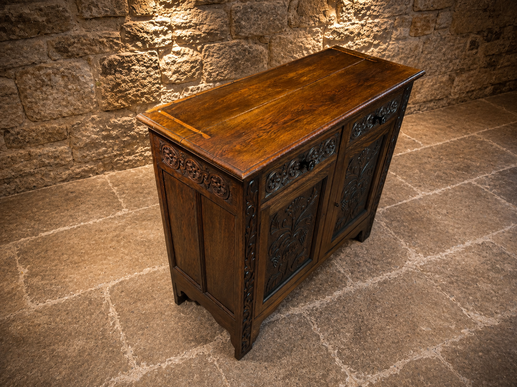 Antique Arts & Crafts Oak Sideboard – Edwardian Carved Oak Cabinet | Liberty Style Server with Floral Carvings