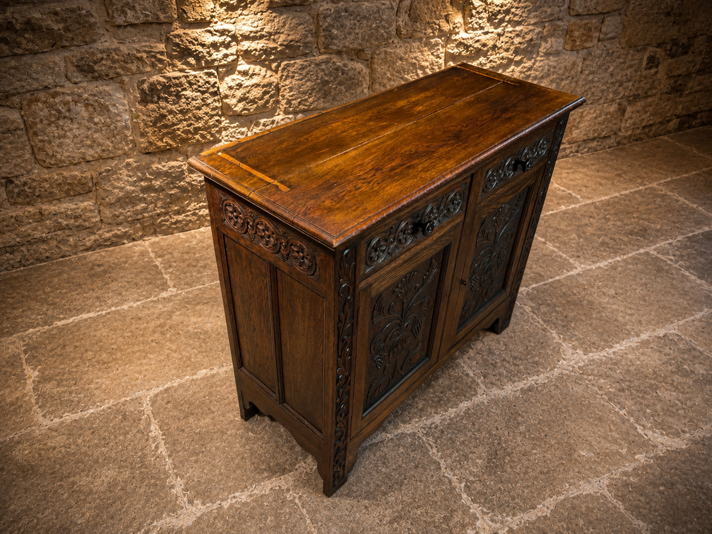 Antique Arts & Crafts Oak Sideboard – Edwardian Carved Oak Cabinet | Liberty Style Server with Floral Carvings