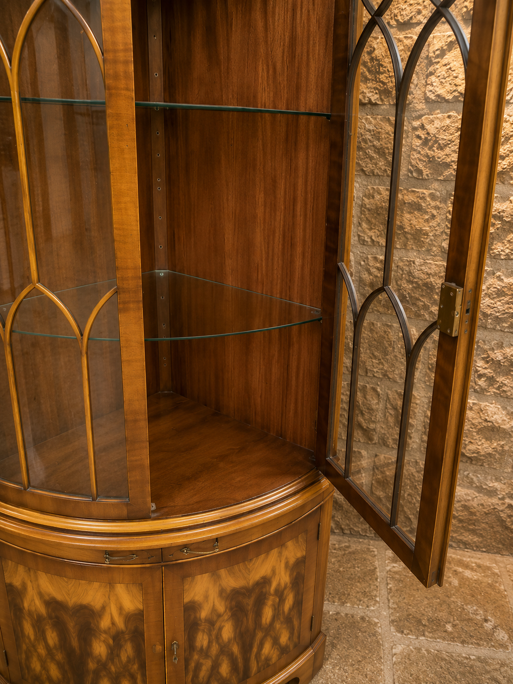 Antique Edwardian Bow Front Display Cabinet | Satinwood & Burr Walnut China Cabinet | Gothic Glazed Cabinet | c.1905–1920