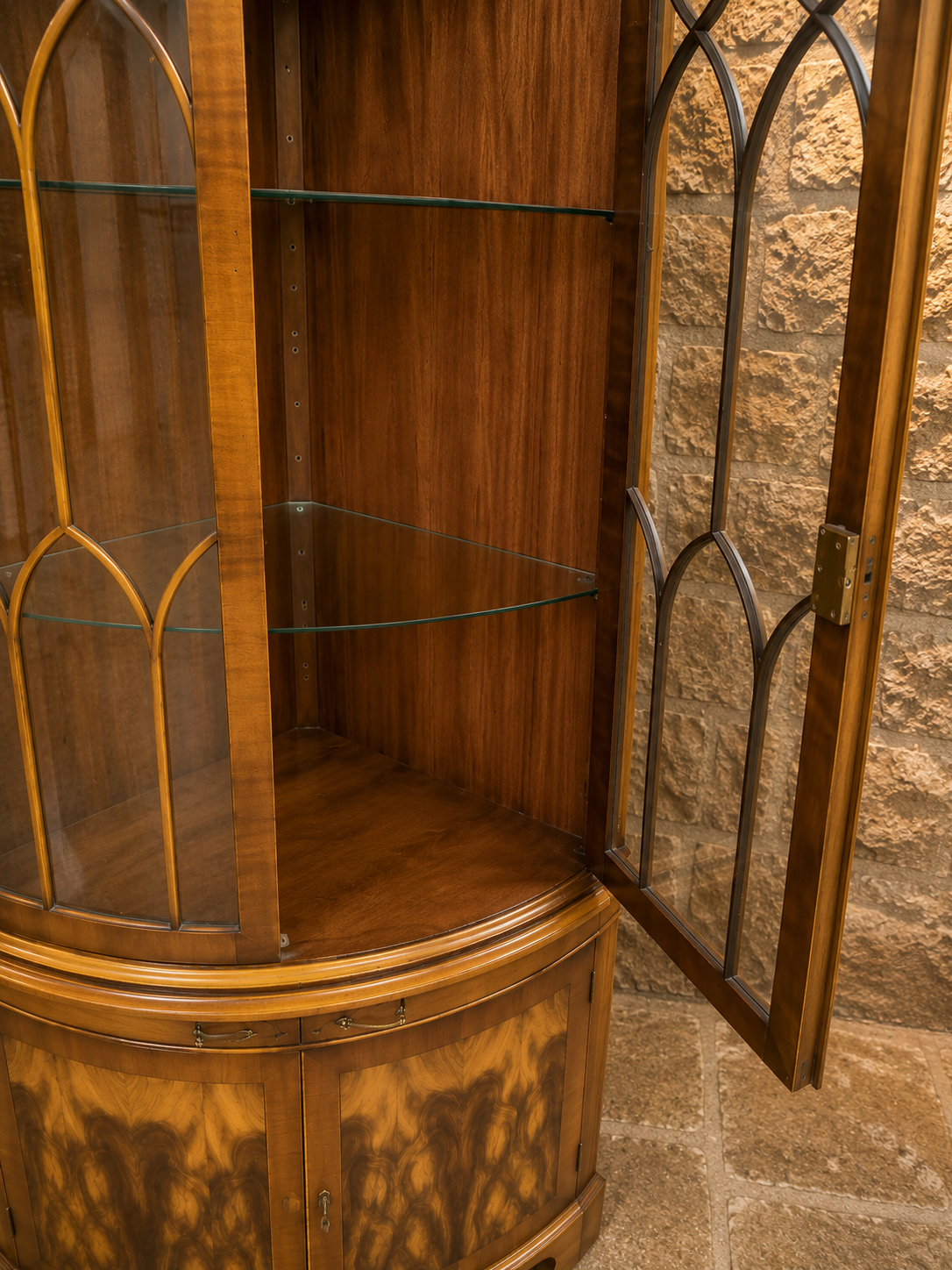 Antique Edwardian Bow Front Display Cabinet | Satinwood & Burr Walnut China Cabinet | Gothic Glazed Cabinet | c.1905–1920