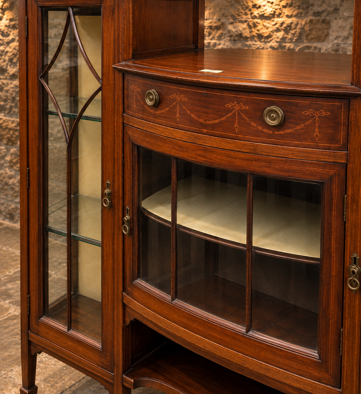 Antique Edwardian Mahogany Inlaid Display Cabinet – Bow Front Glazed China Cabinet