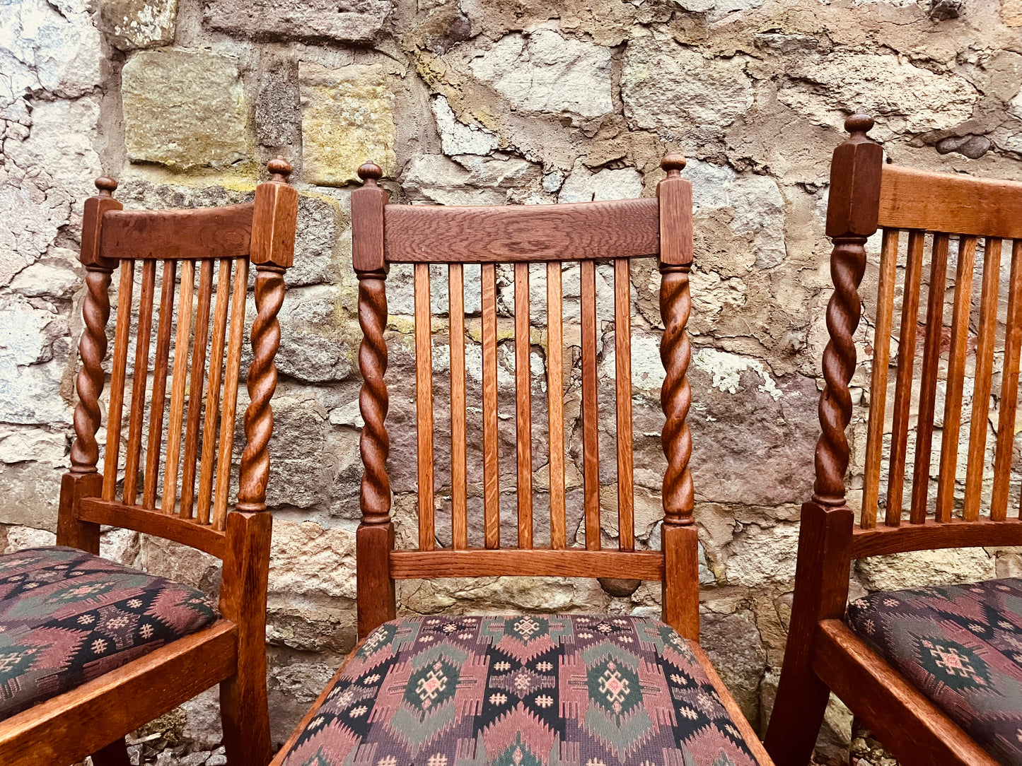 Vintage Dining Chairs – Set of 3 Oak Barley Twist Wooden Upholstered Chairs