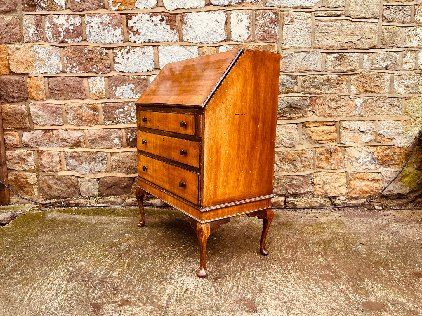 1930s Queen Anne Style Walnut Bureau Desk – Vintage Fall Front Writing Desk