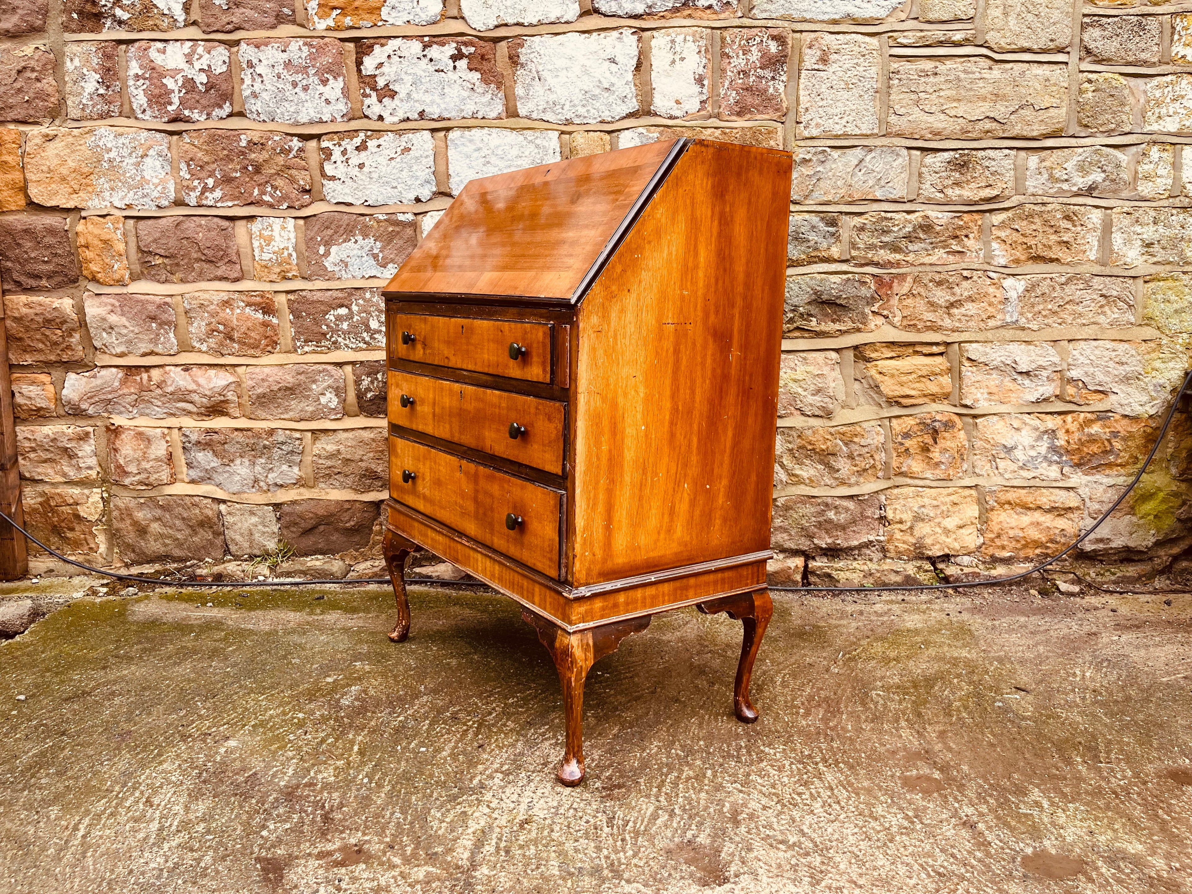 1930s Queen Anne Style Walnut Bureau Desk – Vintage Fall Front Writing Desk