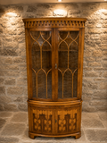 Antique Edwardian Bow Front Display Cabinet | Satinwood & Burr Walnut China Cabinet | Gothic Glazed Cabinet | c.1905–1920