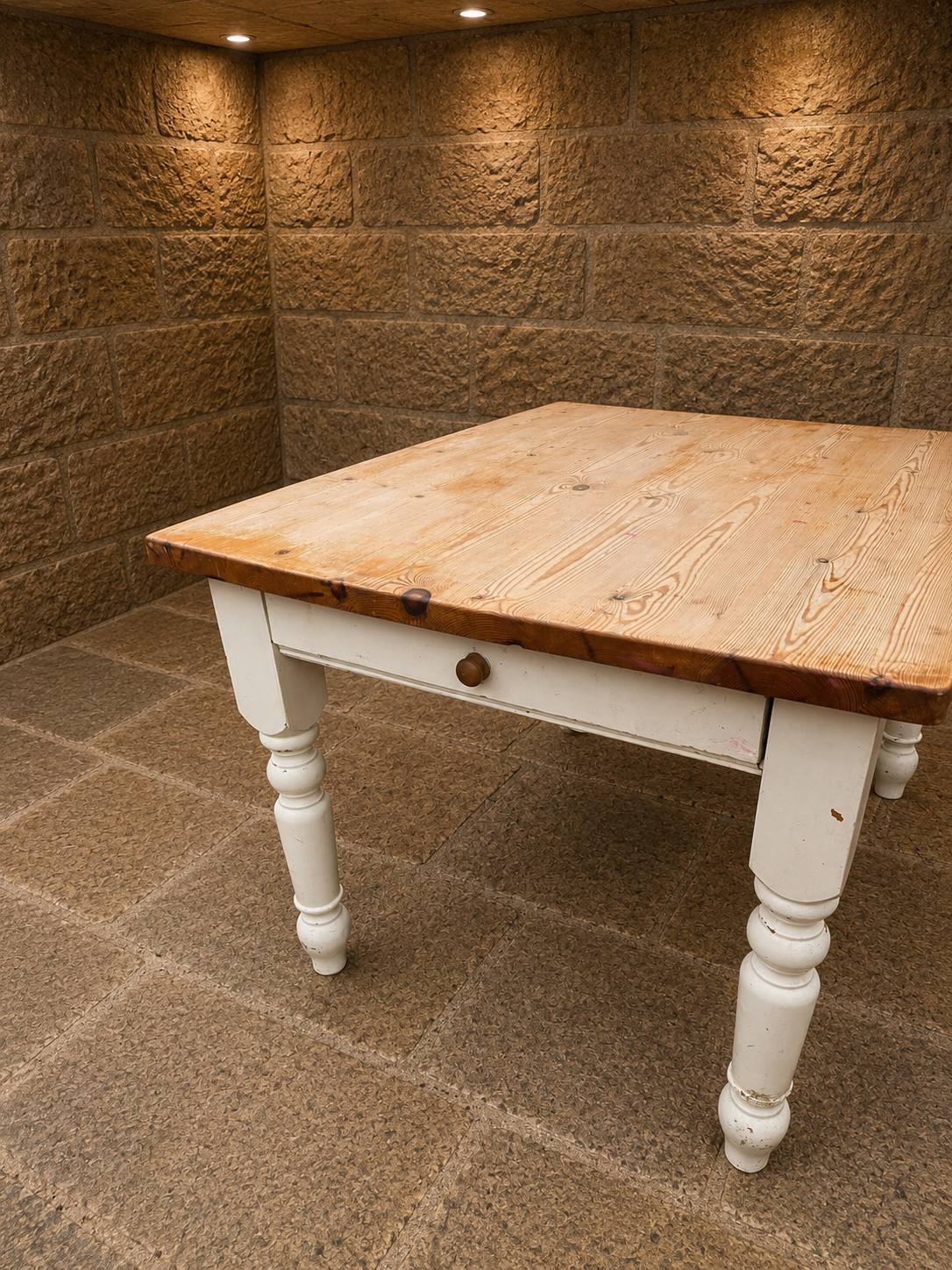 Large English Farmhouse Pine Kitchen Dining Table | Rustic Country Dining Table with Drawer | Painted Farmhouse Table