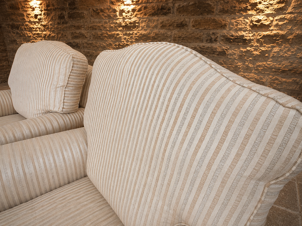 Pair of Traditional English Upholstered Club Armchairs in Neutral Striped Fabric