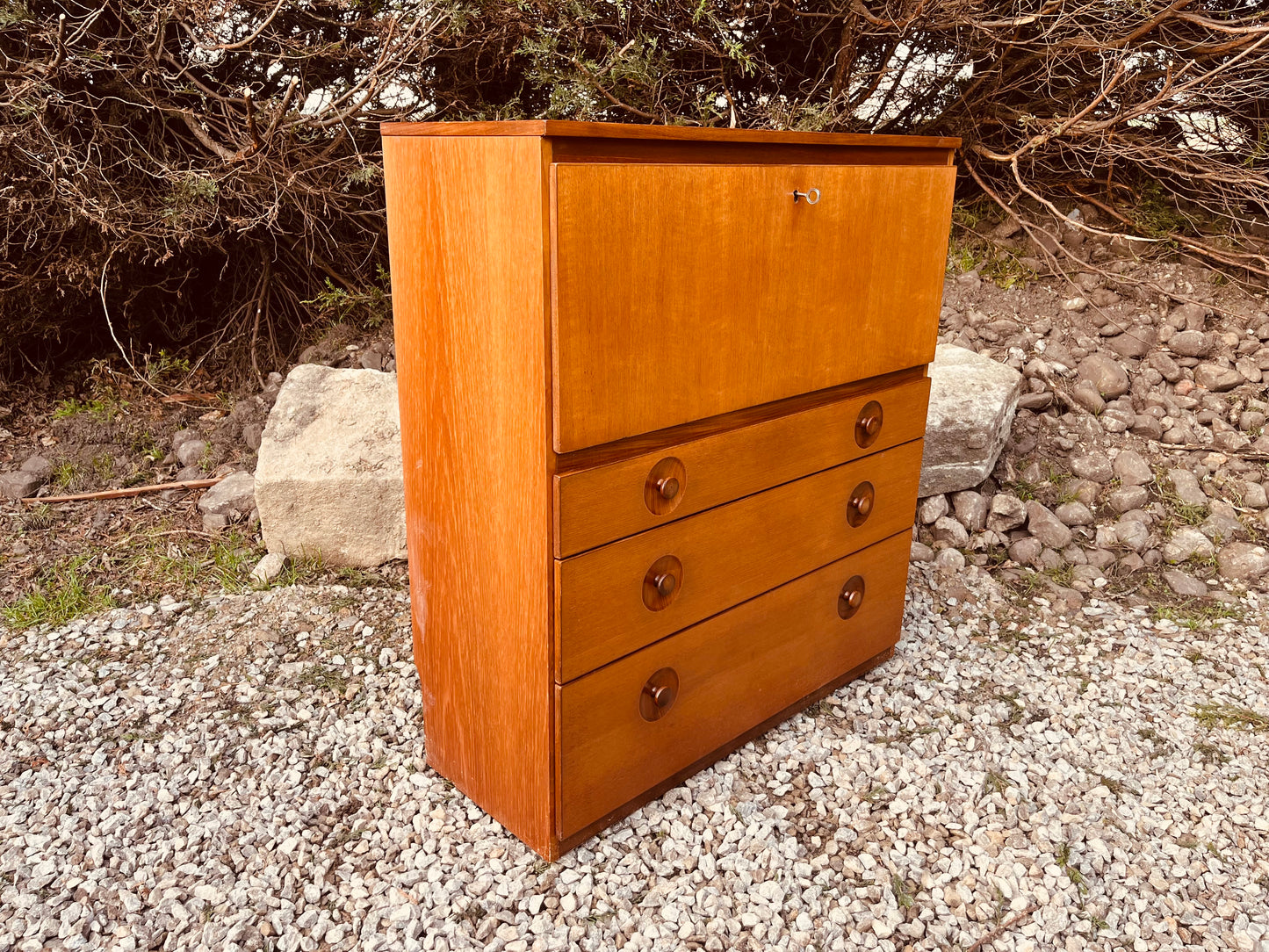 Mid Century Teak Bureau Writing Desk with Drop Front