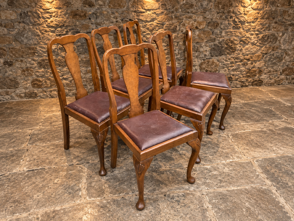 Set of Six Antique Queen Anne Style Walnut Dining Chairs – c.1930