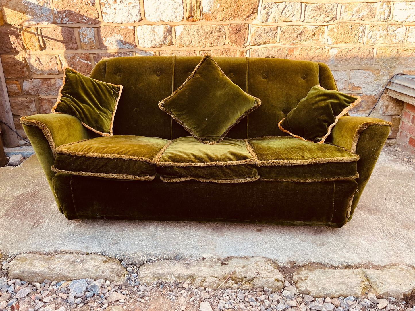 Vintage Olive Green Velvet Sofa – 1970s Three Seater Country House Style