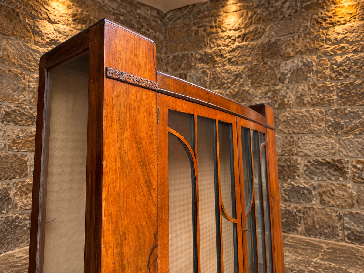 Antique Art Deco Figured Walnut Glazed Display Cabinet – c.1930