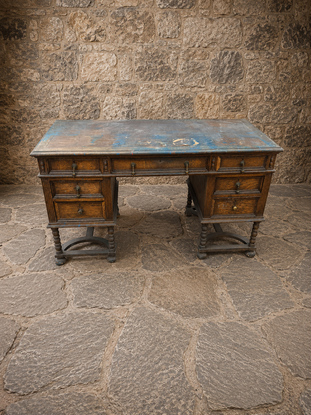 Antique Oak Pedestal Desk | Victorian Jacobean Revival Office Desk | Edwardian Arts & Crafts Writing Desk | Large Oak Desk