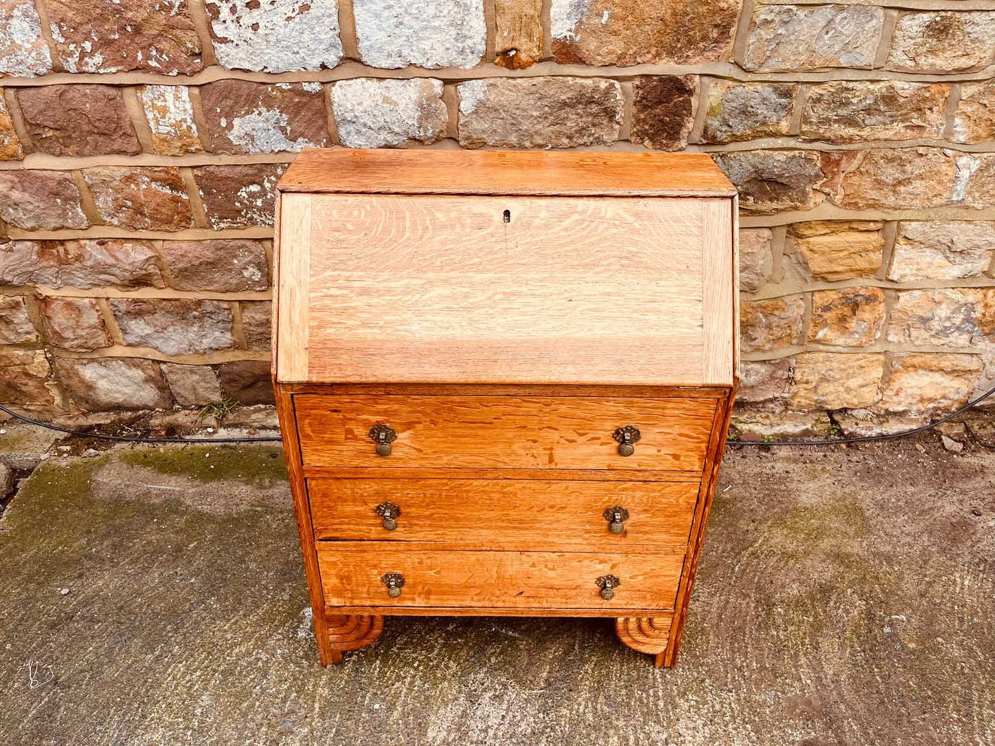 1930s Solid Oak Bureau Writing Desk with Fall Front & Pigeonholes