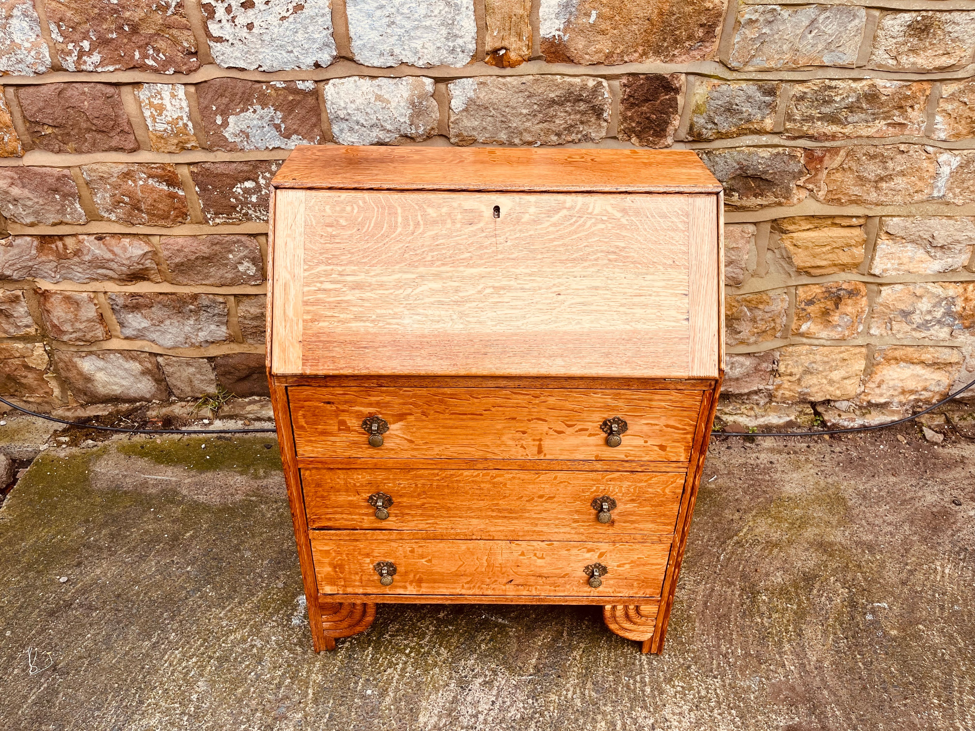 1930s Solid Oak Bureau Writing Desk with Fall Front & Pigeonholes