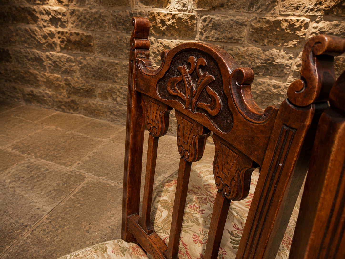 Antique Set of 4 Late Victorian Carved Dining Chairs | Ornate Upholstered High Back Chairs