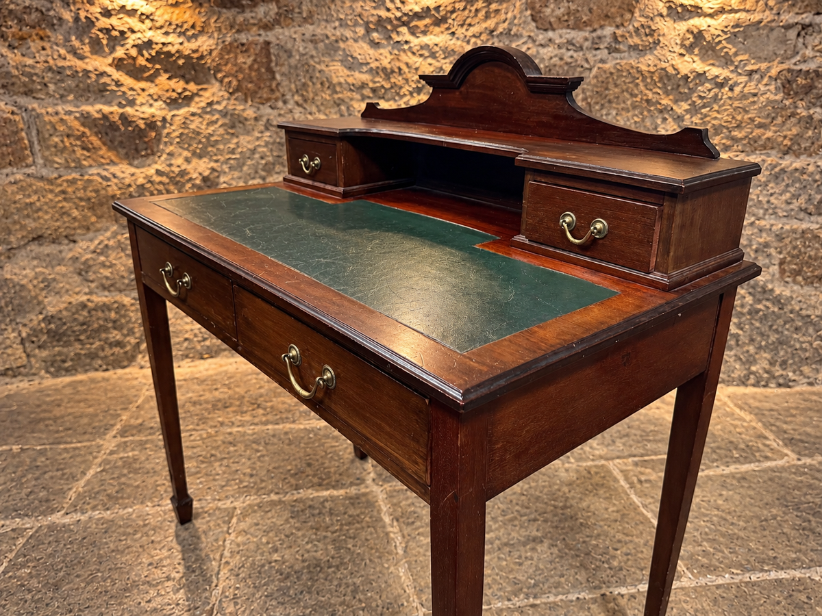 Antique Edwardian Mahogany Writing Desk c.1900 – Green Leather Top & Raised Gallery
