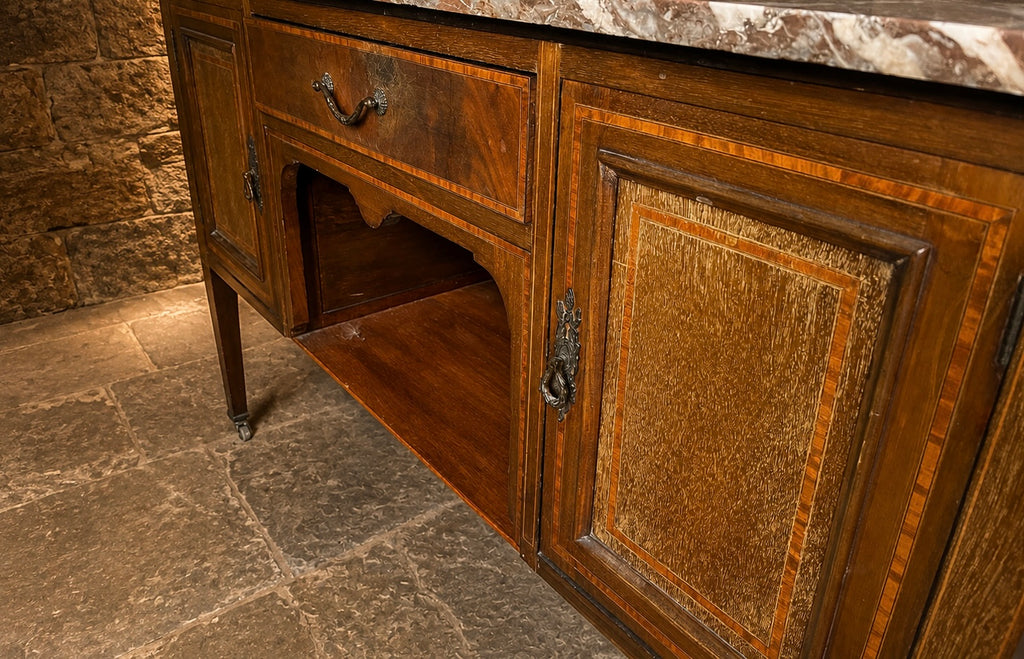 Antique Victorian Inlaid Marble Top Sideboard – Circa 1890