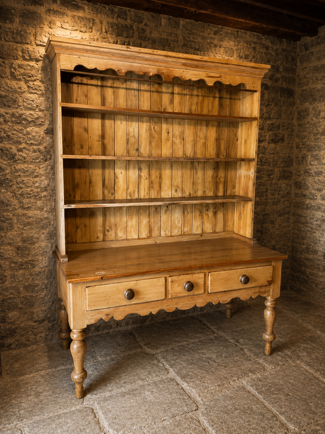 Large Victorian Pine Farmhouse Kitchen Dresser With Plate Rack