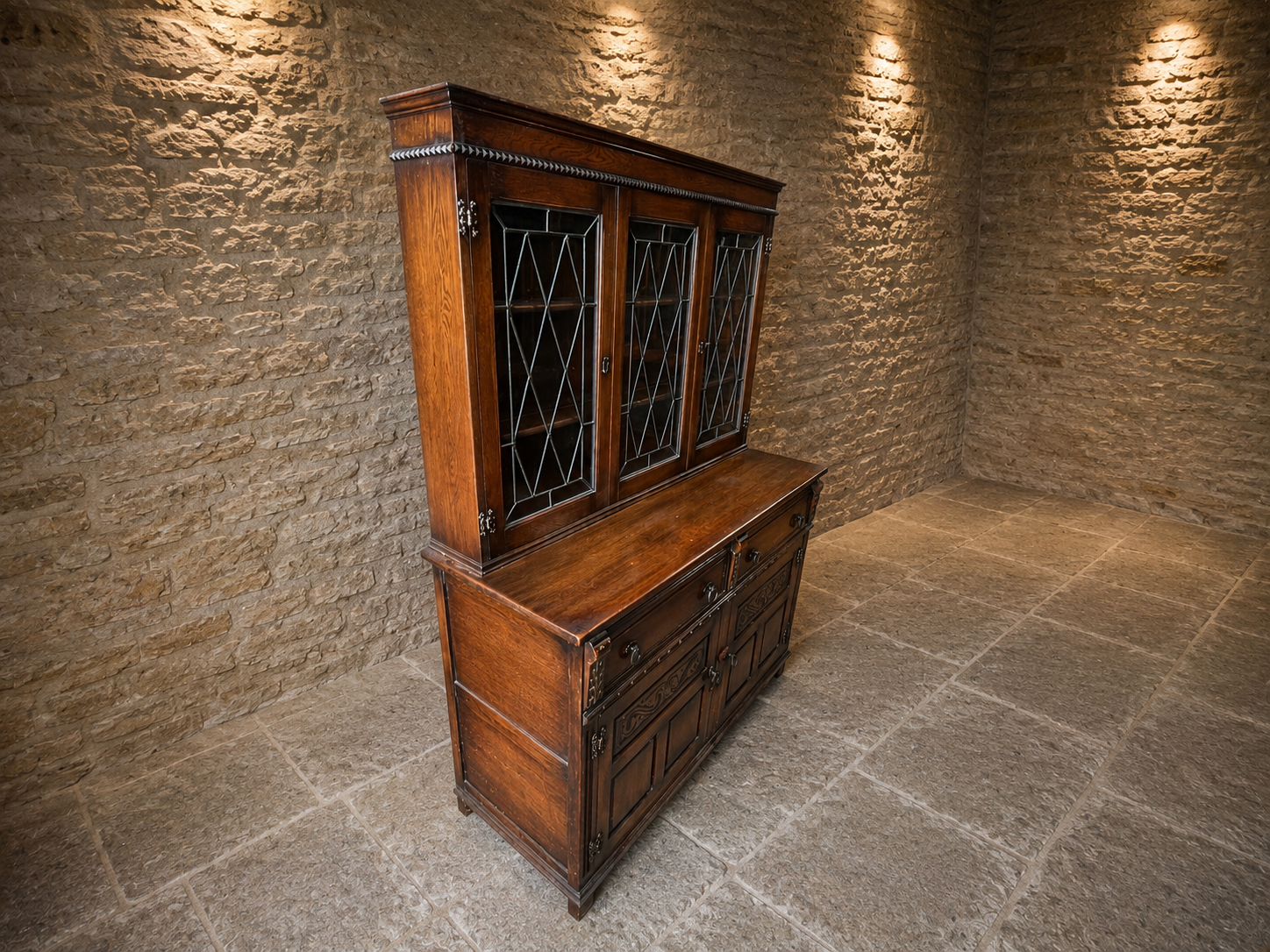 Large Jacobean Revival Oak Dresser | Leaded Glass Display Cabinet | Antique Style Welsh Dresser