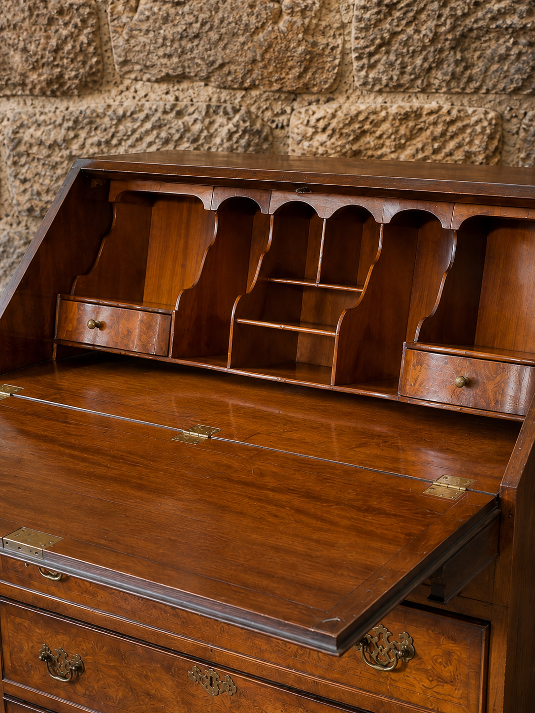 Vintage Burr Walnut Georgian Revival Bureau Desk