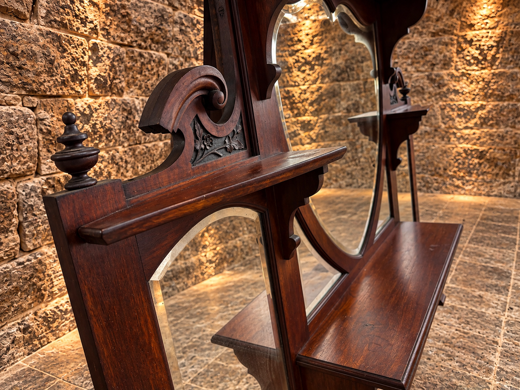 Antique Victorian Mahogany Overmantel Mirror c.1890 – Large Carved Bevelled Statement Mirror