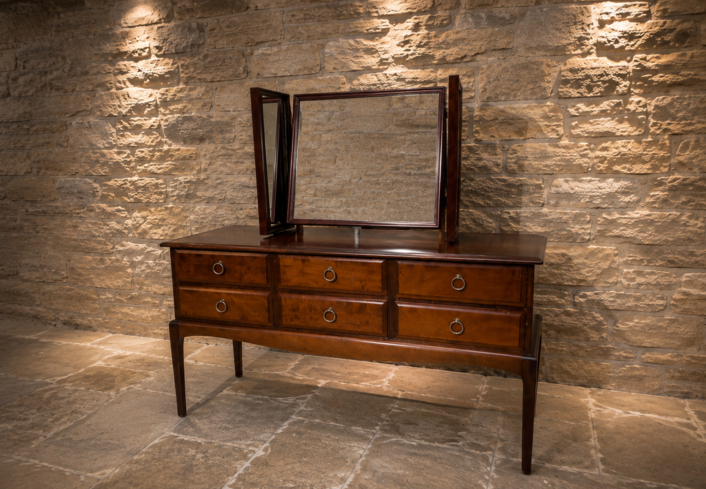 Traditional Burr Veneer Dressing Table with Triple Folding Mirror | Six Drawer Vanity Table