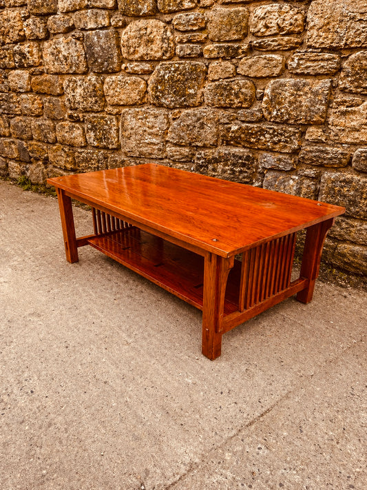 Arts & Crafts Oak Coffee Table – Mission Style with Slatted Sides & Lower Shelf