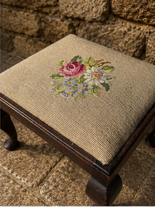 Vintage Mahogany Footstool | Needlepoint Floral Fireside Stool c.1920–1940
