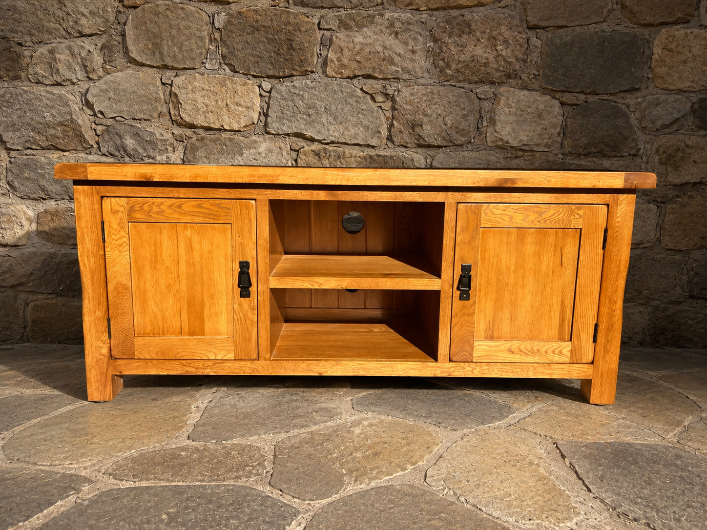 Solid Oak Farmhouse TV Unit with Storage | Rustic Oak Media Cabinet