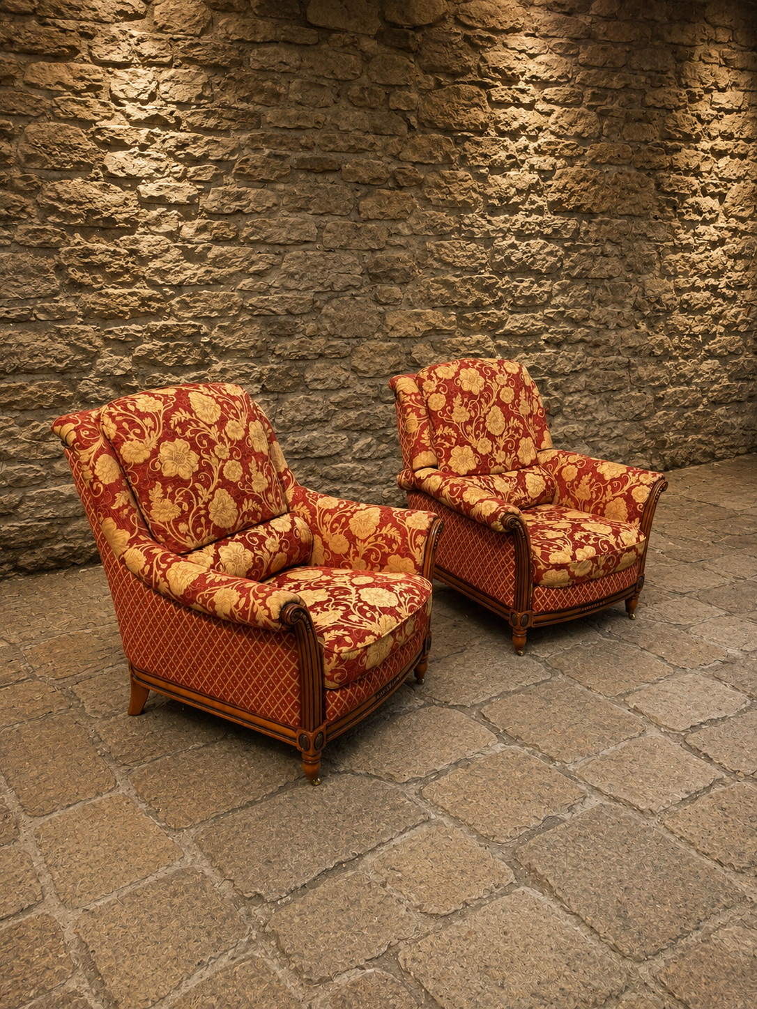 Pair of English Country House Damask Armchairs with Reclining Footstool