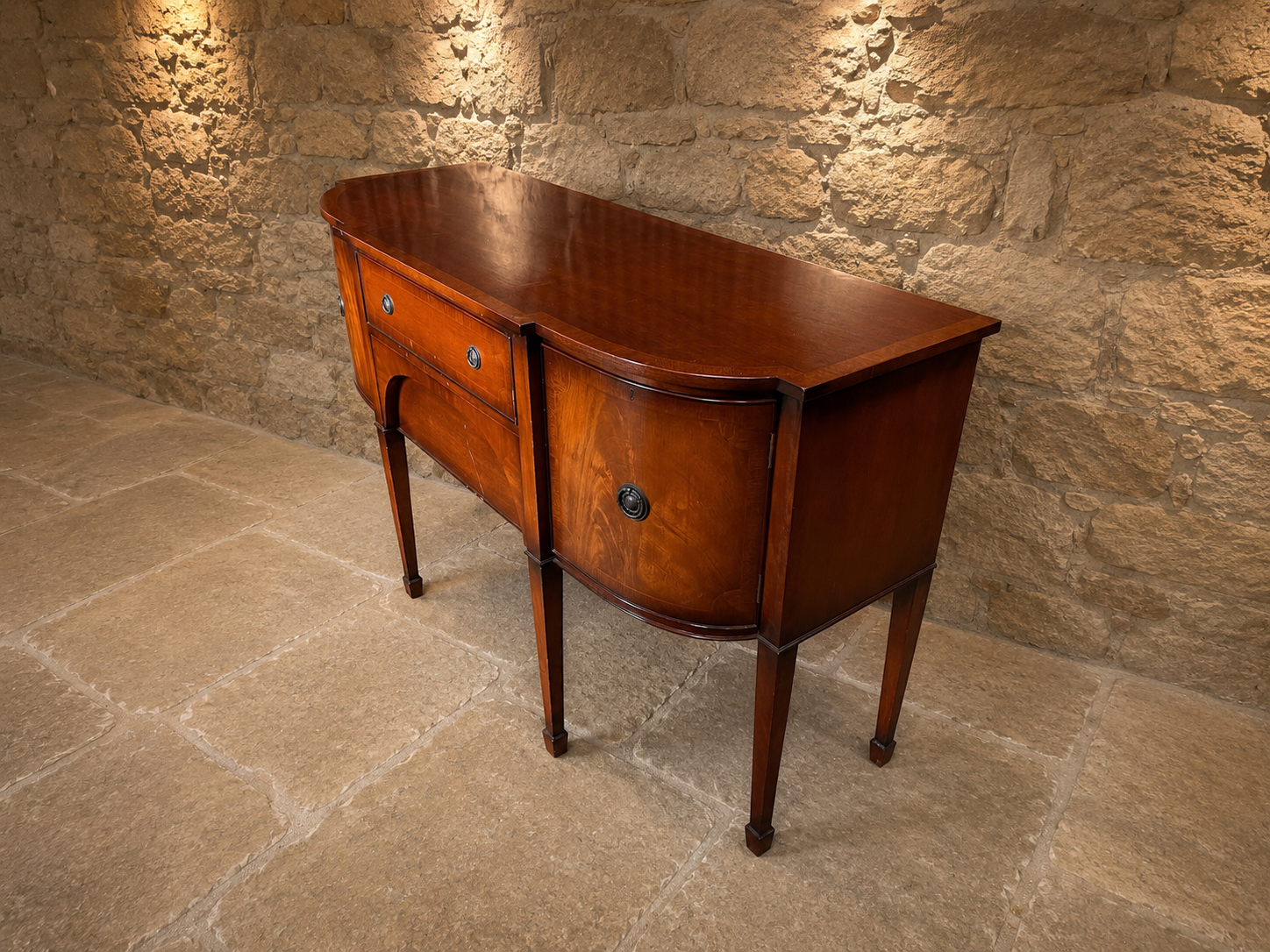 George III Style Figured Mahogany Serpentine Sideboard | Edwardian Antique Revival Buffet Cabinet