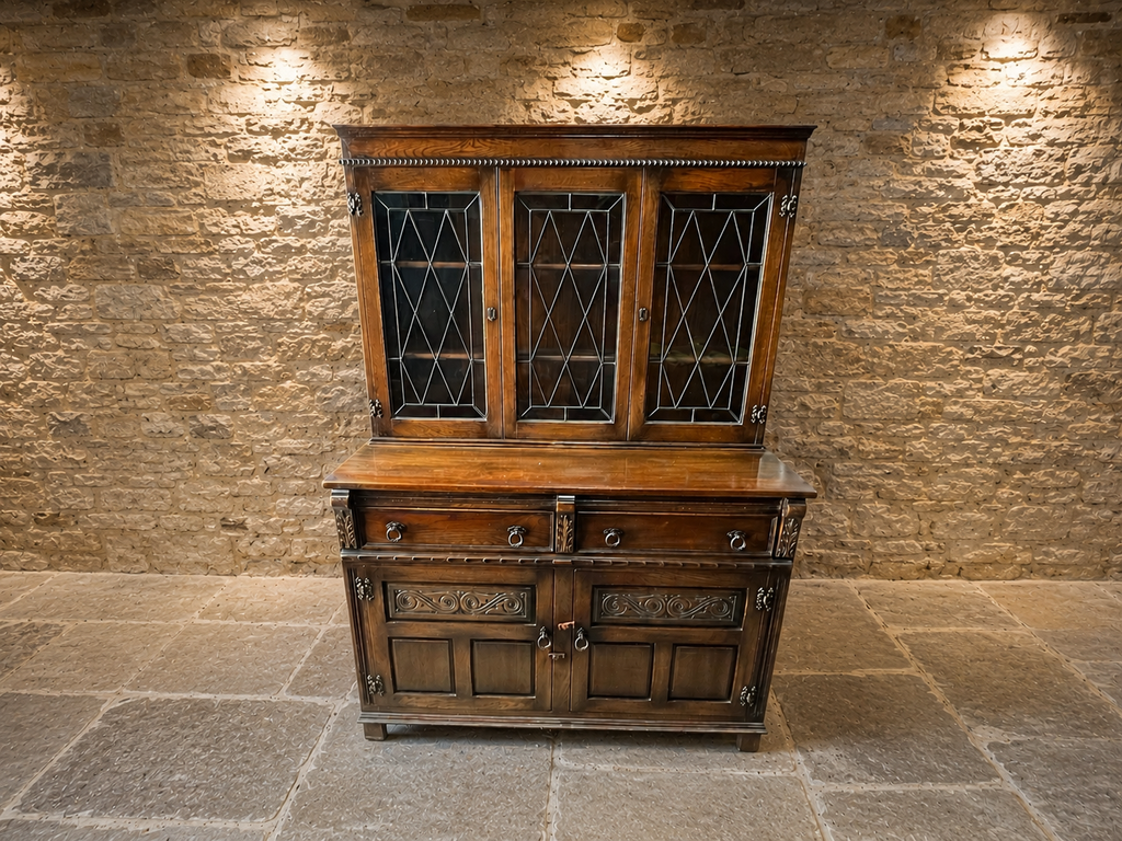 Large Jacobean Revival Oak Dresser | Leaded Glass Display Cabinet | Antique Style Welsh Dresser