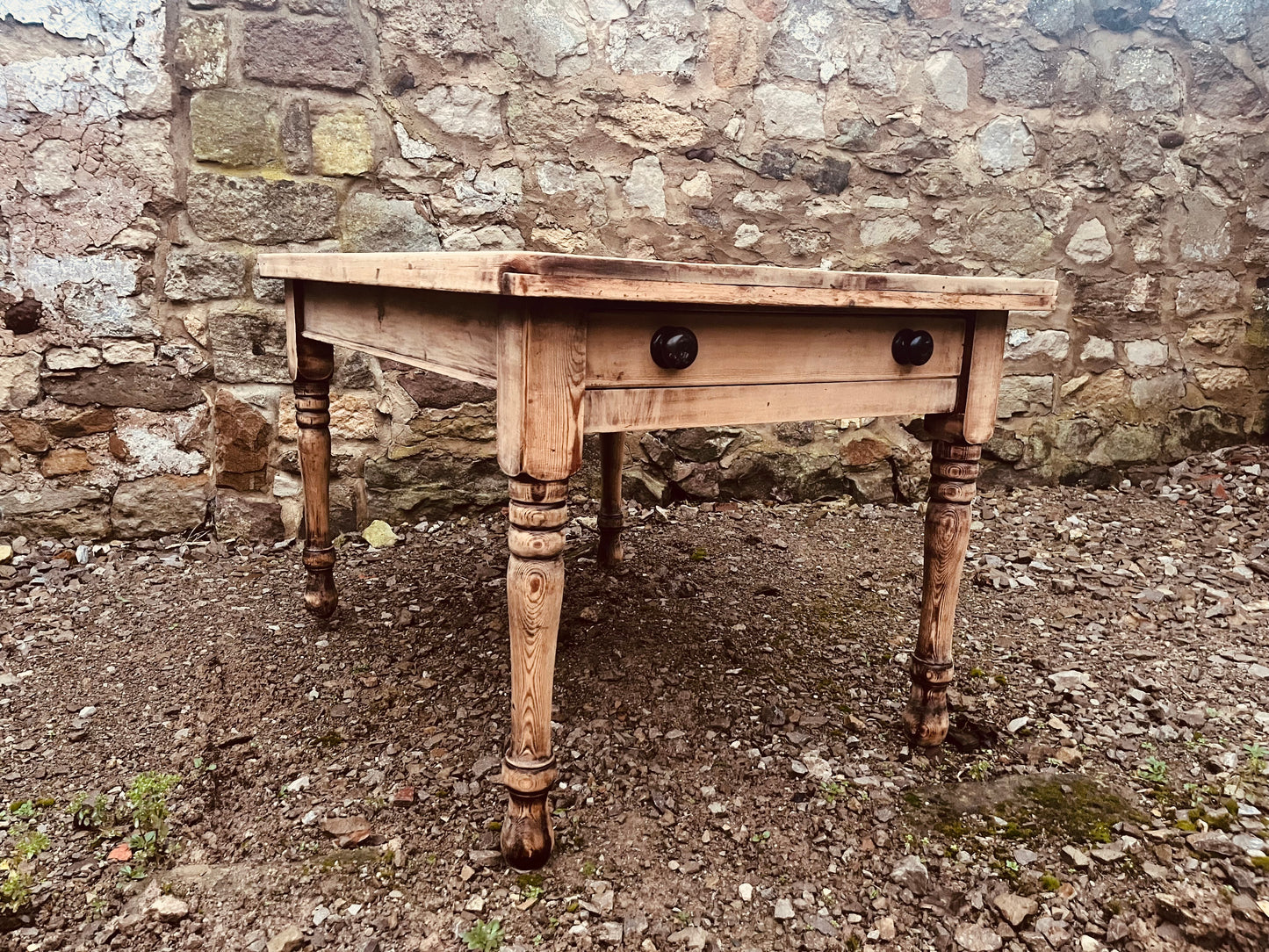 Antique Pine Farmhouse Table with Drawer – Rustic Stripped Wood Kitchen Dining Table – Victorian Turned Leg Table