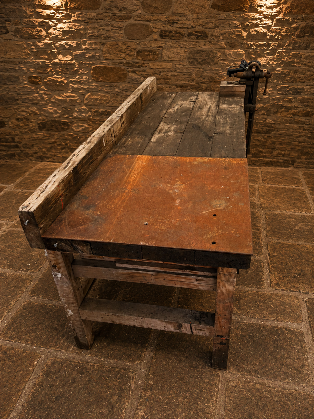 Antique Industrial Carpenter’s Workbench with Original Cast Iron Vice