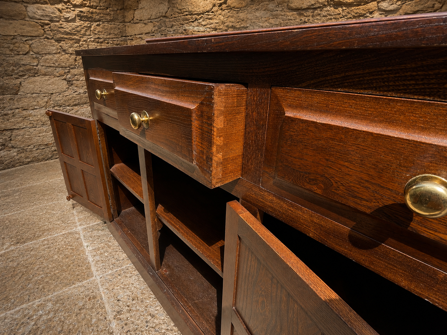 Jacobean Revival Solid Oak Sideboard | Vintage English Oak Buffet Cabinet | Rustic Farmhouse Sideboard | Large Country House Storage Cabinet