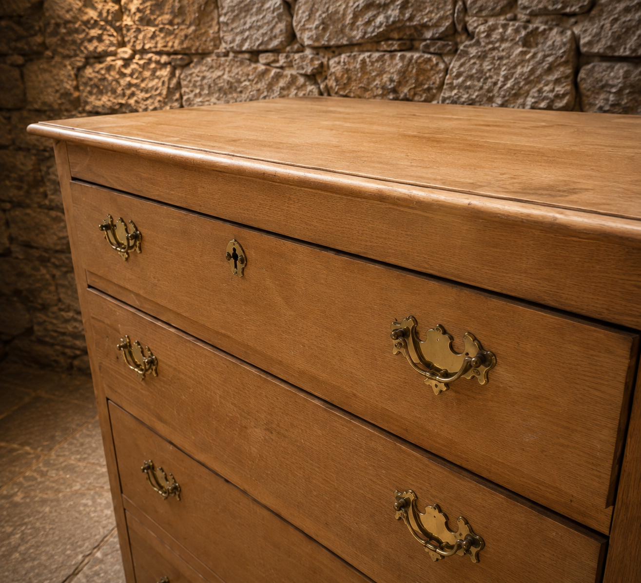 Vintage Natural Oak Four Drawer Chest – Georgian Style Brass Handle Chest of Drawers