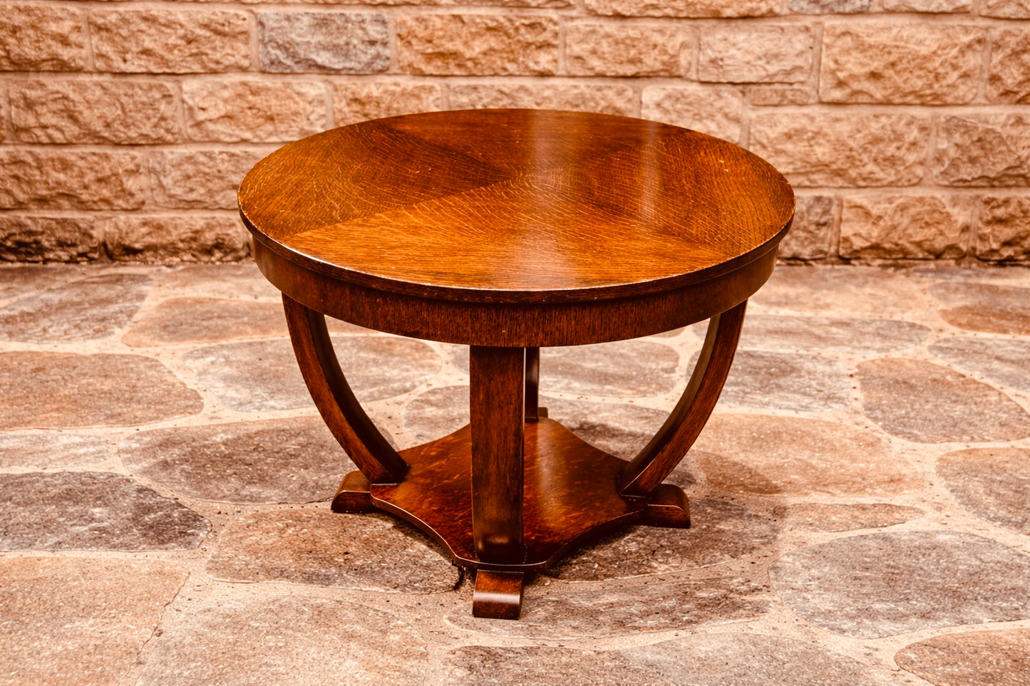 Vintage Oak Art Deco Side Table – Round Tray Top Occasional Table (1930s–1950s)
