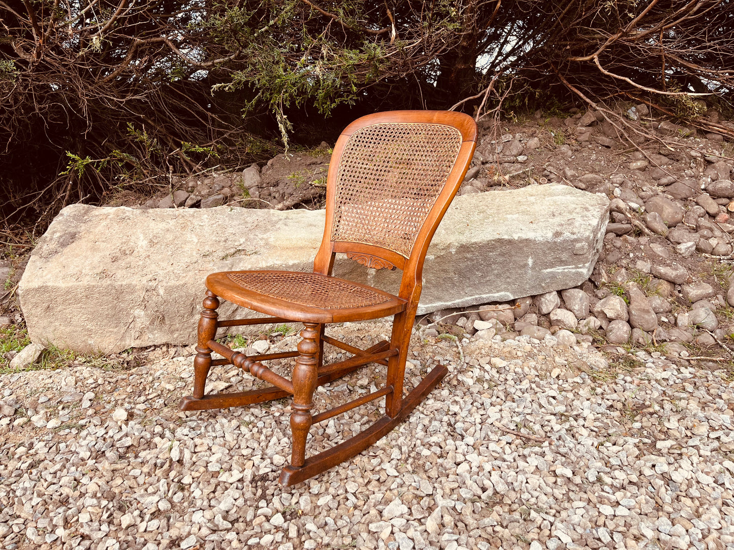 Antique Victorian Cane Rocking Chair – Rustic Wooden Farmhouse Rocker