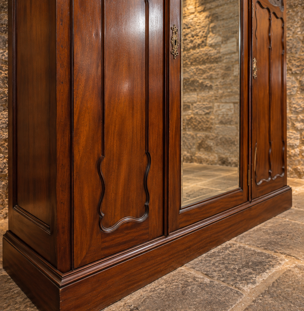 Antique Victorian Mahogany Triple Wardrobe with Mirror – Ornately Carved 3 Door Armoire
