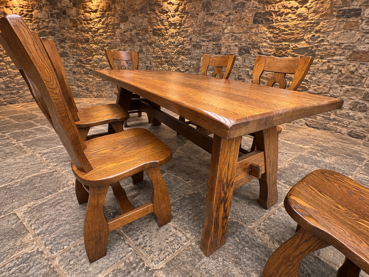 Mid-Century French Oak Dining Table & Six Chairs – Guillerme et Chambron Style c.1970