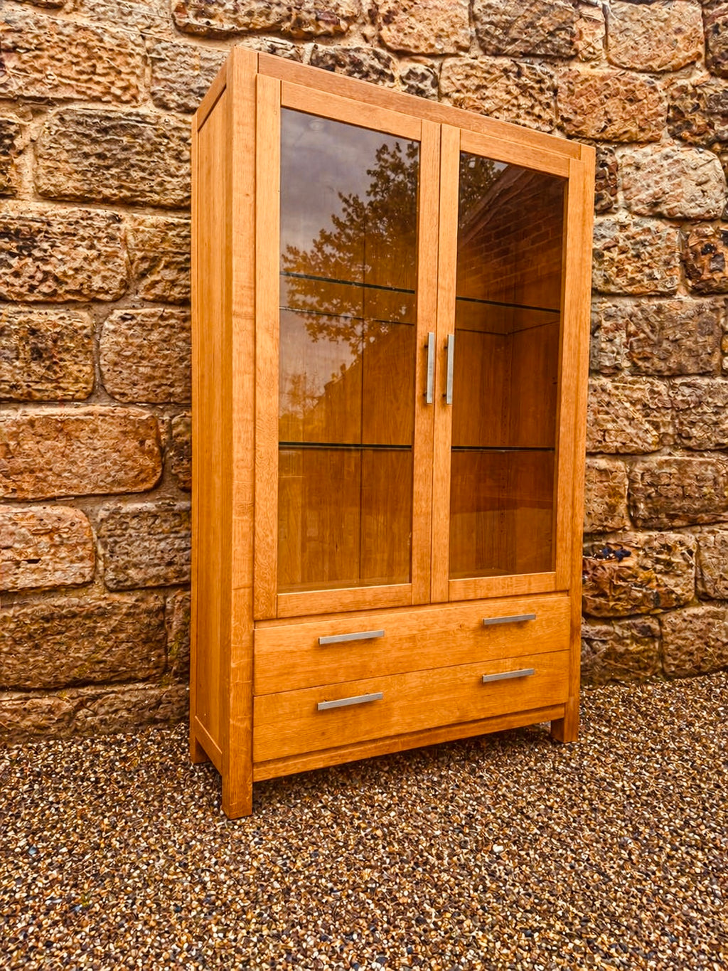 Modern Solid Oak Display Cabinet with Glass Doors & Drawers