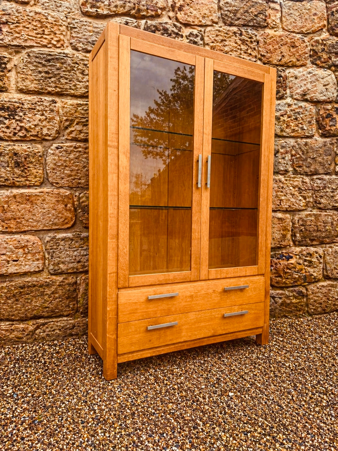 Modern Solid Oak Display Cabinet with Glass Doors & Drawers