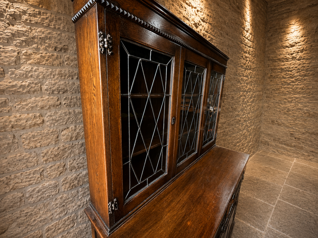 Large Jacobean Revival Oak Dresser | Leaded Glass Display Cabinet | Antique Style Welsh Dresser