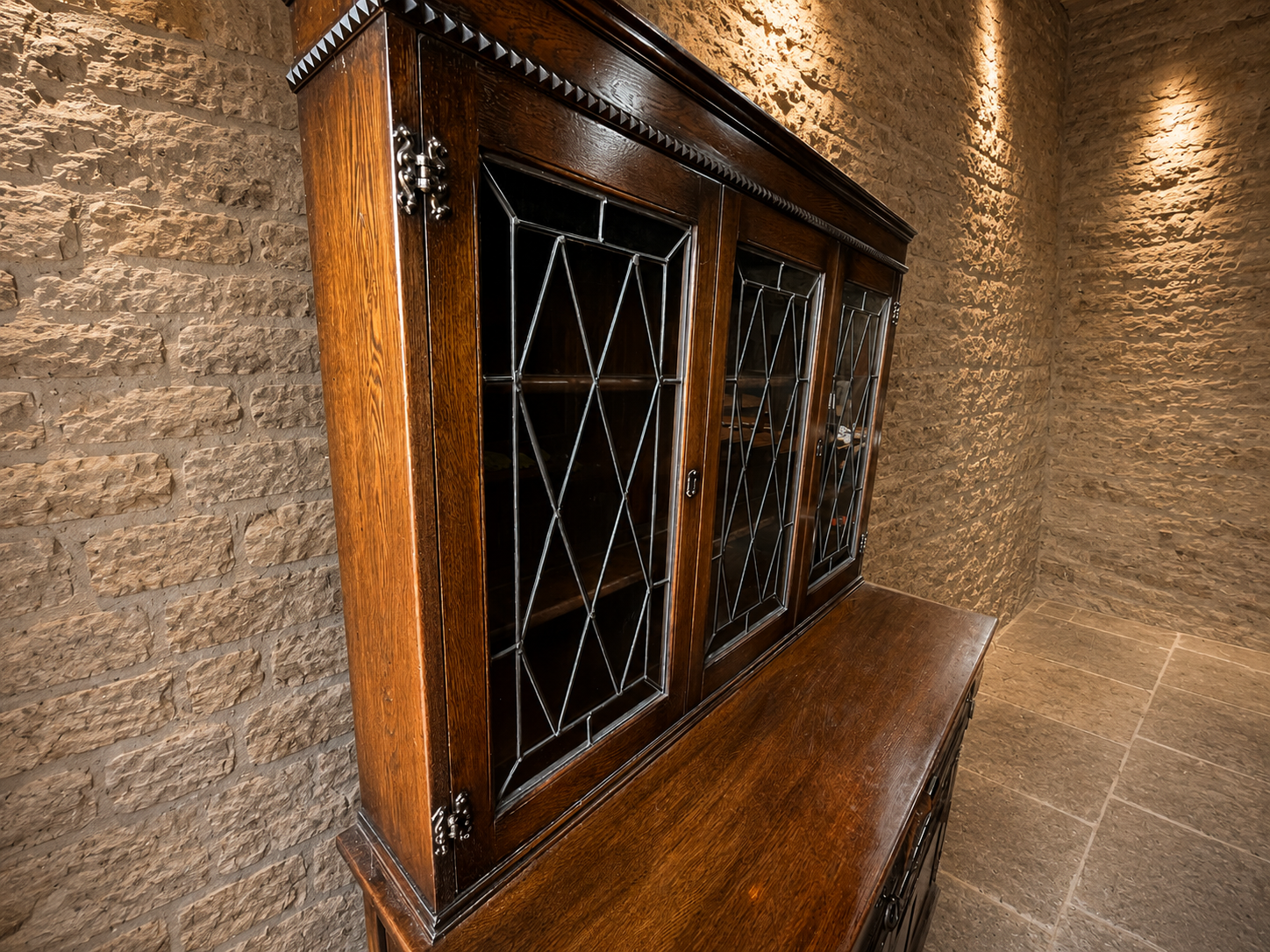 Large Jacobean Revival Oak Dresser | Leaded Glass Display Cabinet | Antique Style Welsh Dresser
