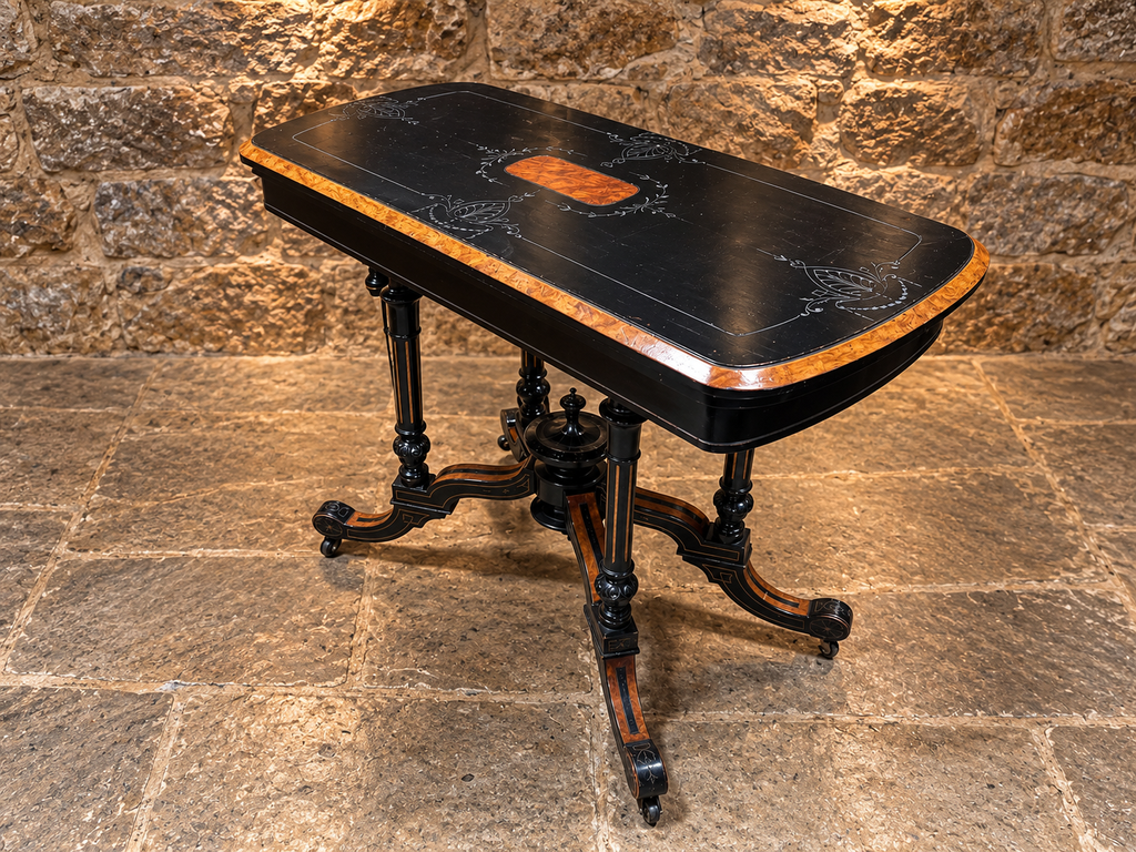Antique Victorian Ebonised Burr Walnut Fold Over Card & Games Table c.1875