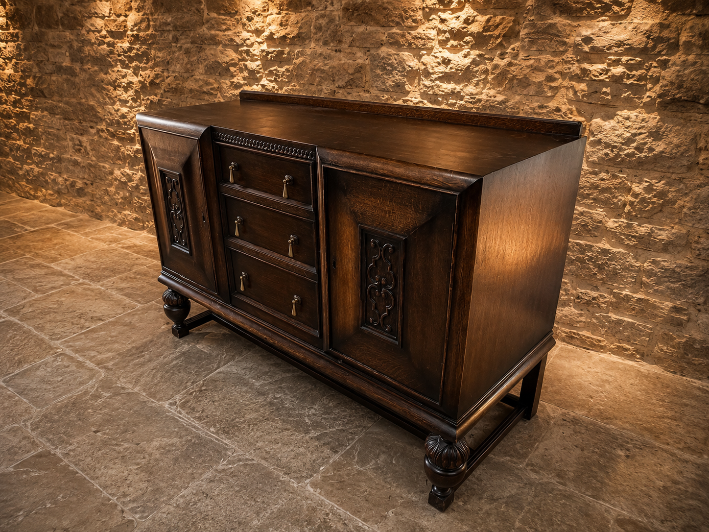Circa 1930 Jacobean Revival Carved Oak Sideboard
