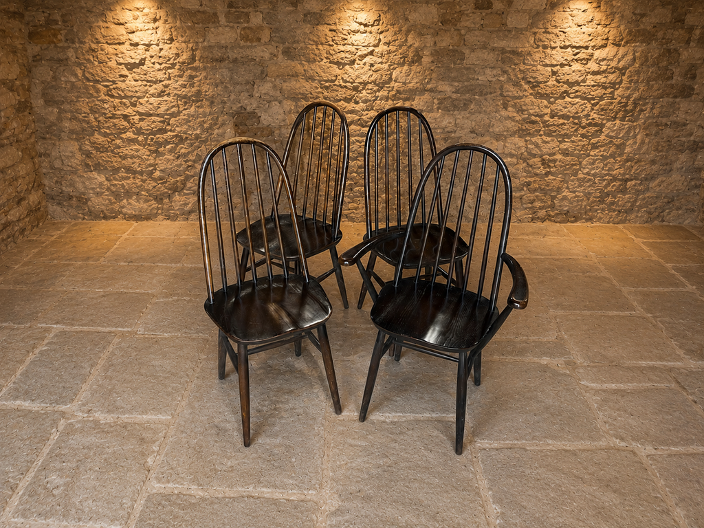 Set of 4 Genuine Ercol Windsor Dining Chairs – 3 Side Chairs & 1 Carver – Dark Windsor Finish