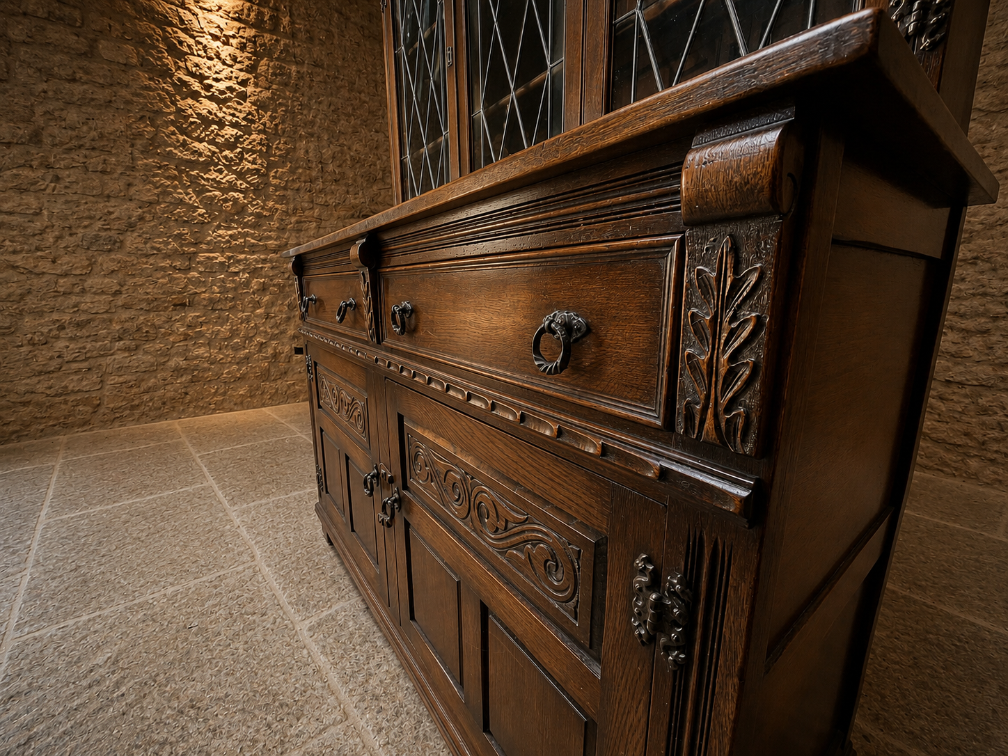 Large Jacobean Revival Oak Dresser | Leaded Glass Display Cabinet | Antique Style Welsh Dresser